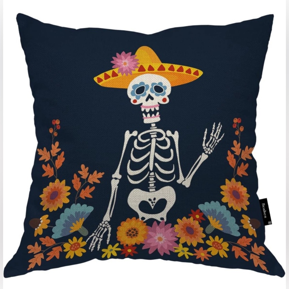 Skull Throw Pillow Cover,Mexican Day of The Dead Sombrero Hat Soft Square